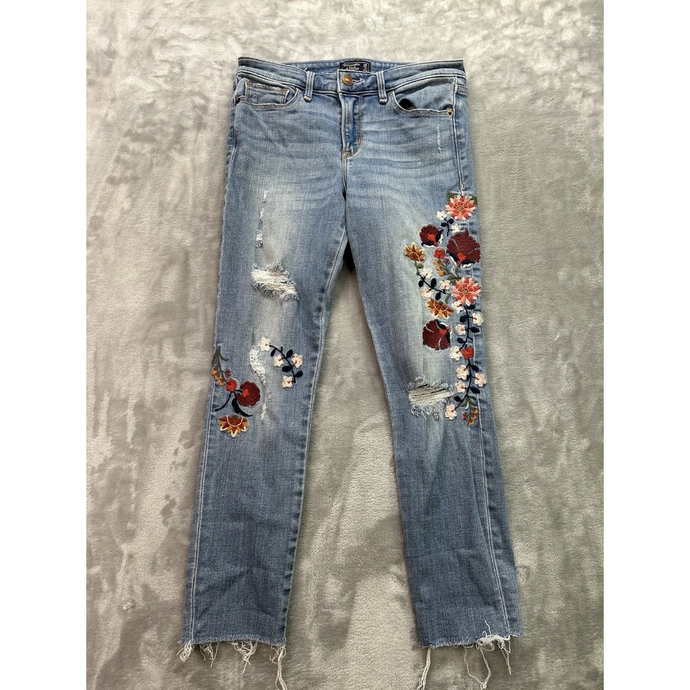 Abercrombie & Fitch Jean Women Sz 2s/26 Blue Harper Low Rise Ankle Embroidered